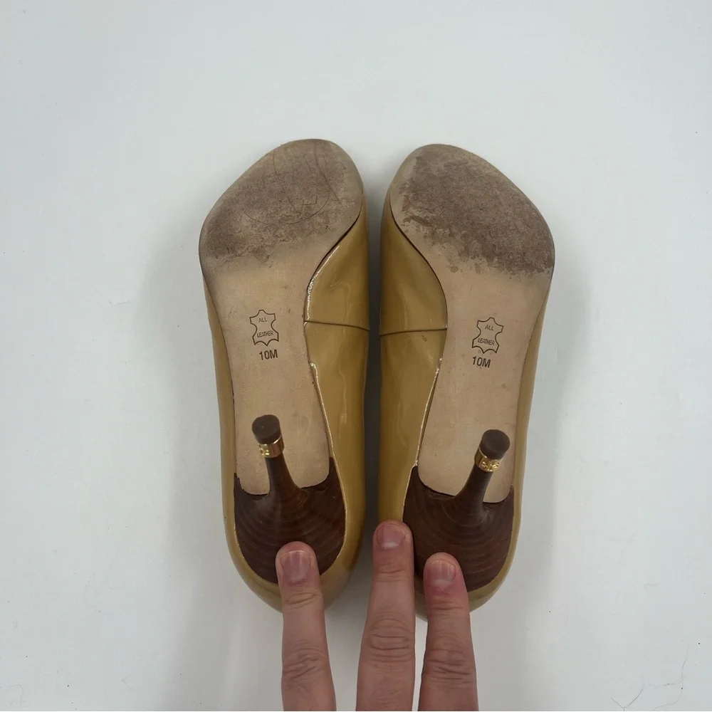Tory Burch Women’s Open‎ Toe Patent Leather Heels Tan 10 Rounded Toe Peep Toe